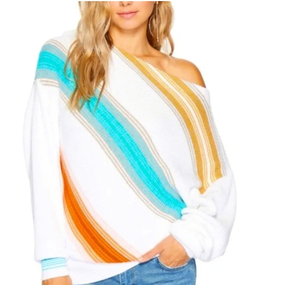 Free People Spectrum Stripe Oversized Asymmetrical Multicolor Pullover S…